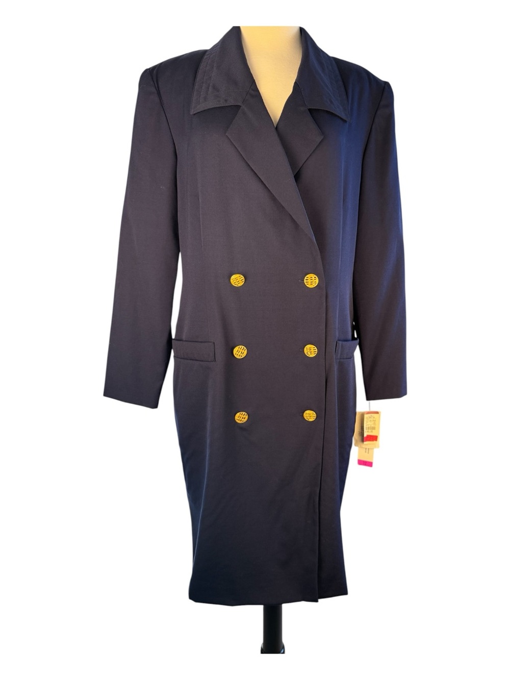 Vtg 90s Deastock Liz Claiborne Navy Wool DoubleBreasted Lined Trench Duster 14
